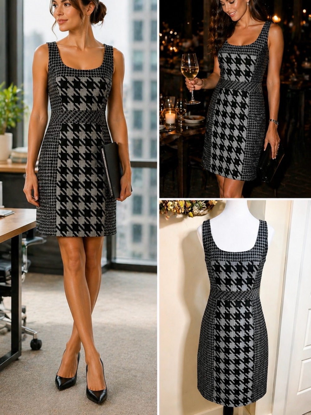 Trina Turk Elissa Tweed Sheath Dress Houndstooth Black Teal Cream Sz 6💛
